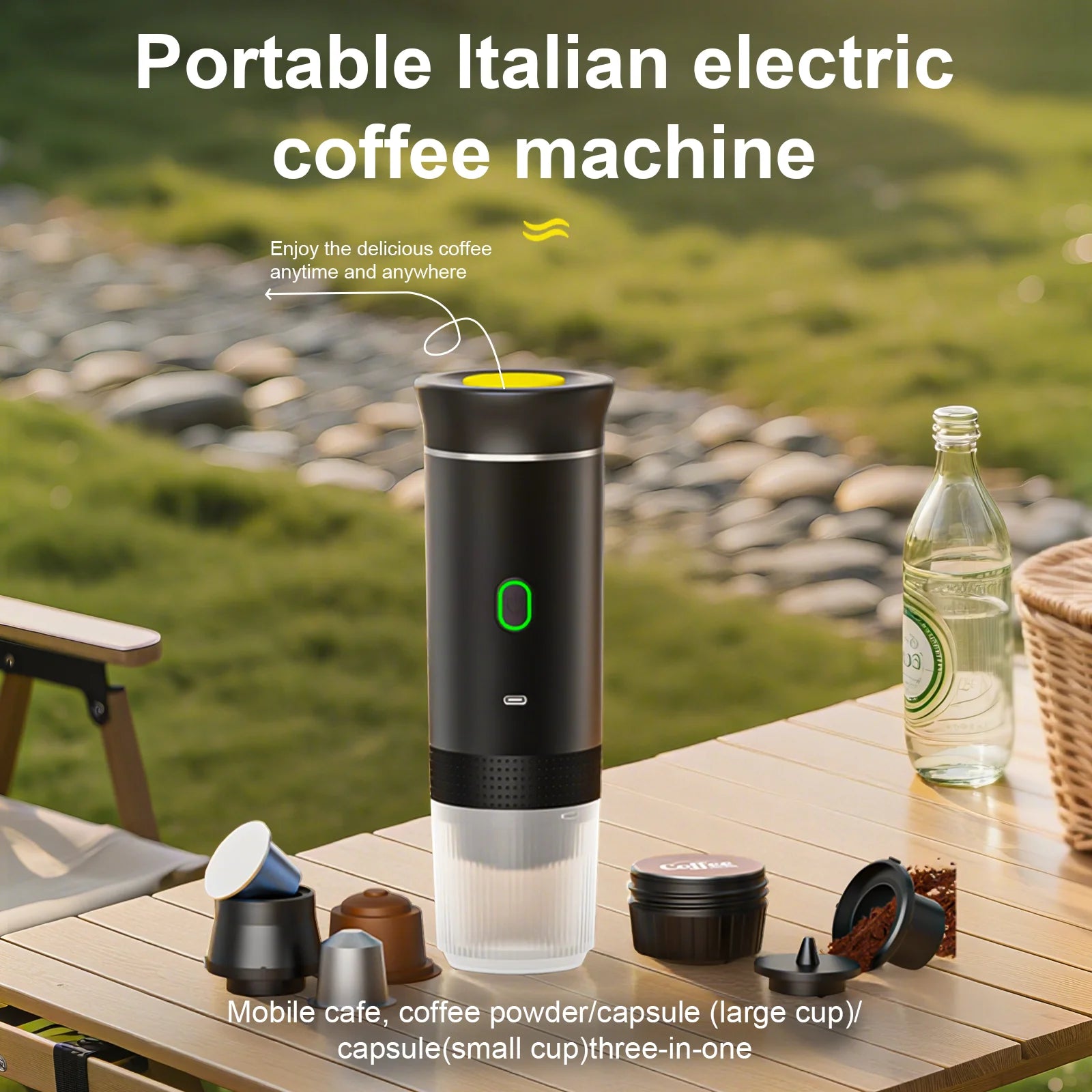 3-In-1 Portable Coffee Maker for Travel,Self-Heating Espresso Machine with USB-C,LED Display,20 Bar,Compatible with Coffee Grounds&Capsules (Ns&Dg)–Portable Espresso Maker for Car,Rv,Camping,Off